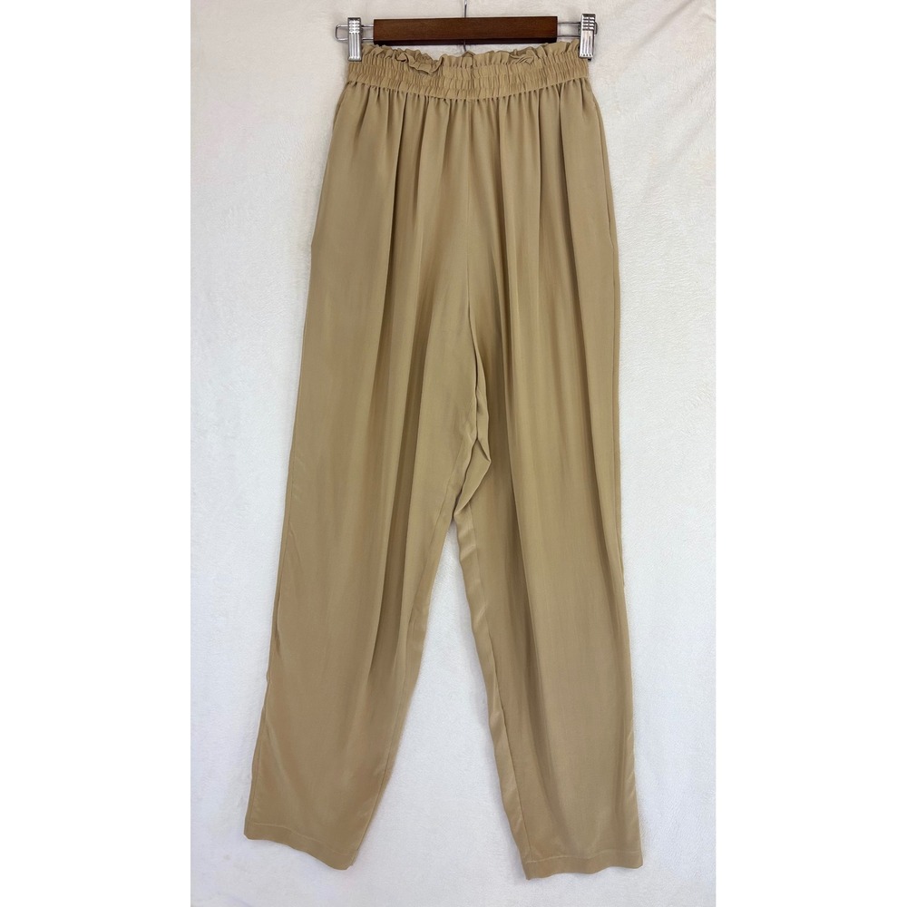 VINTAGE 100% SILK Pants 90s Beige Tan Khaki High Waisted Tapered Pull On Beach